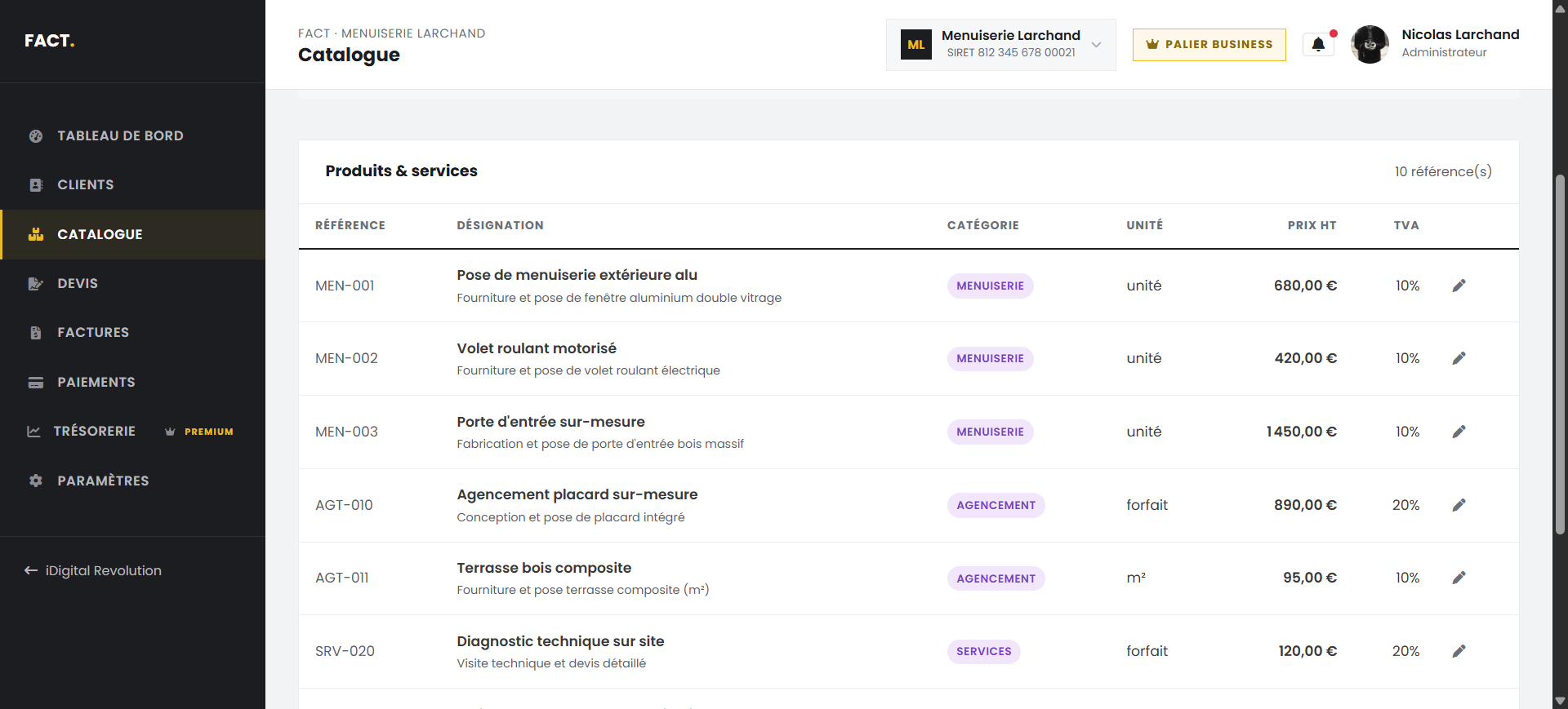 Catalogue de produits et services