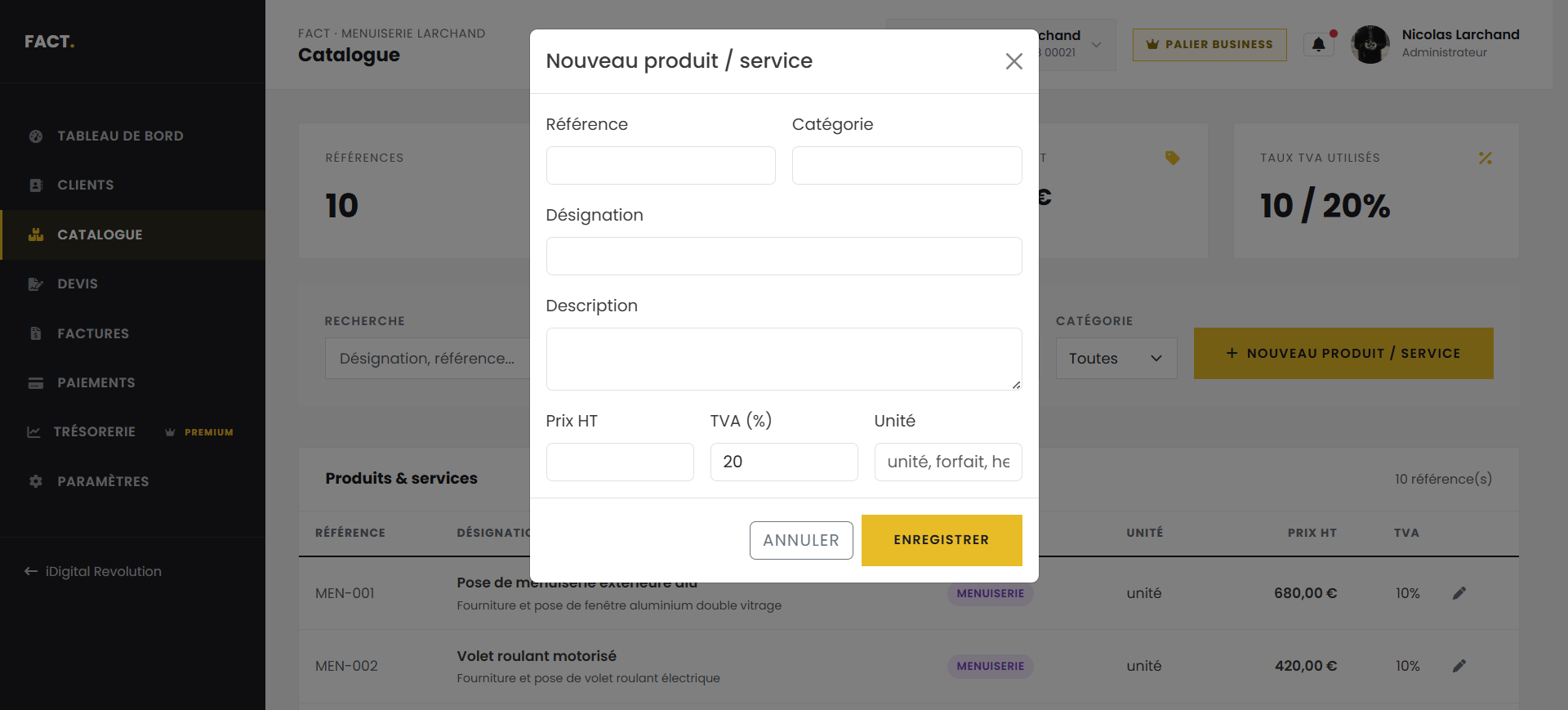 Création d’un produit ou d’une prestation